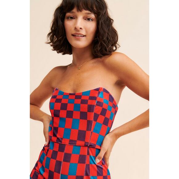 Hutch Velvet Check Bright Colored Wide Leg Strapless Jumpsuit Size 16W - Picture 9 of 16